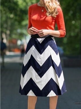 Milly Navy White Chevron A-Line Midi Skirt Grosgrain Waist Preppy Costal 4